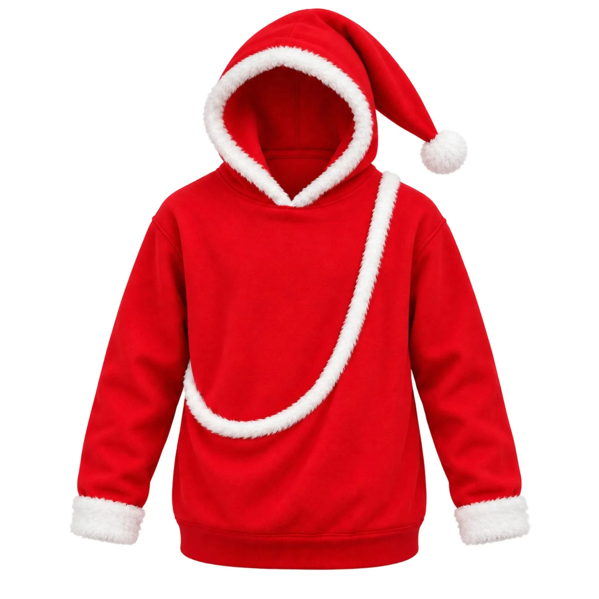Red Santa pet pouch hoodie with white faux-fur trim, front view