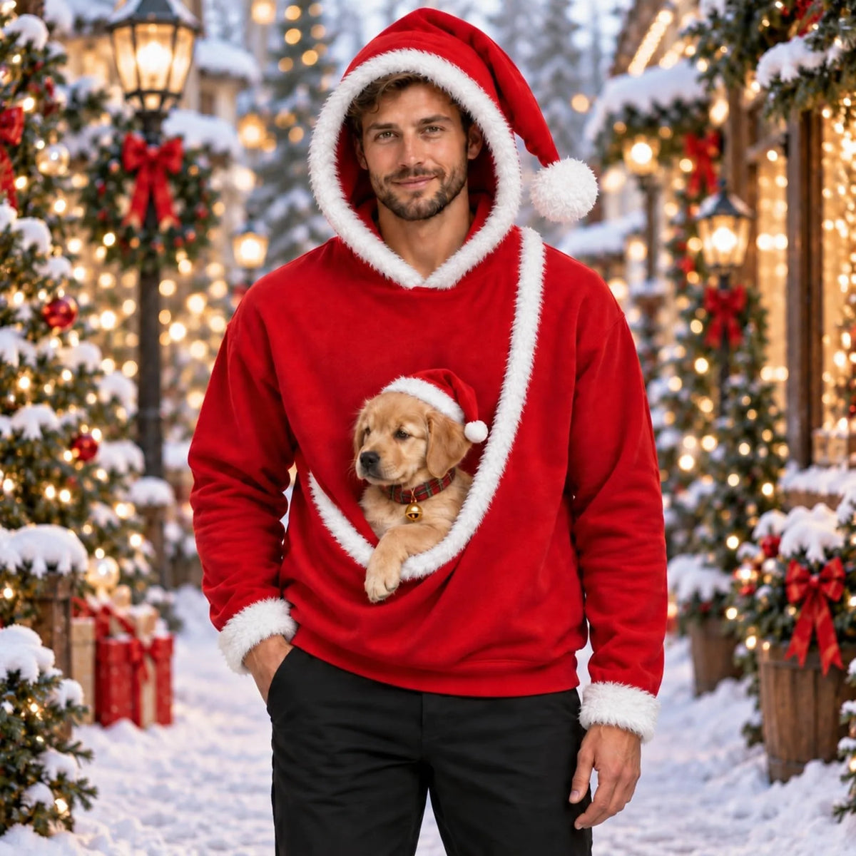 Man wearing the Santa pet pouch hoodie with a golden retriever puppy in the pouch